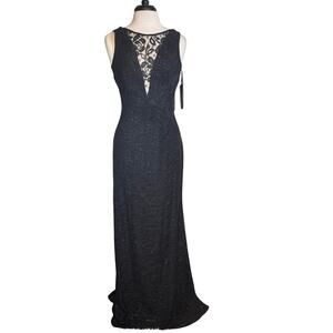 New DFI Black Lace Deep V and Back Ruched Sleeveless Formal Long Dress Gown Sz L